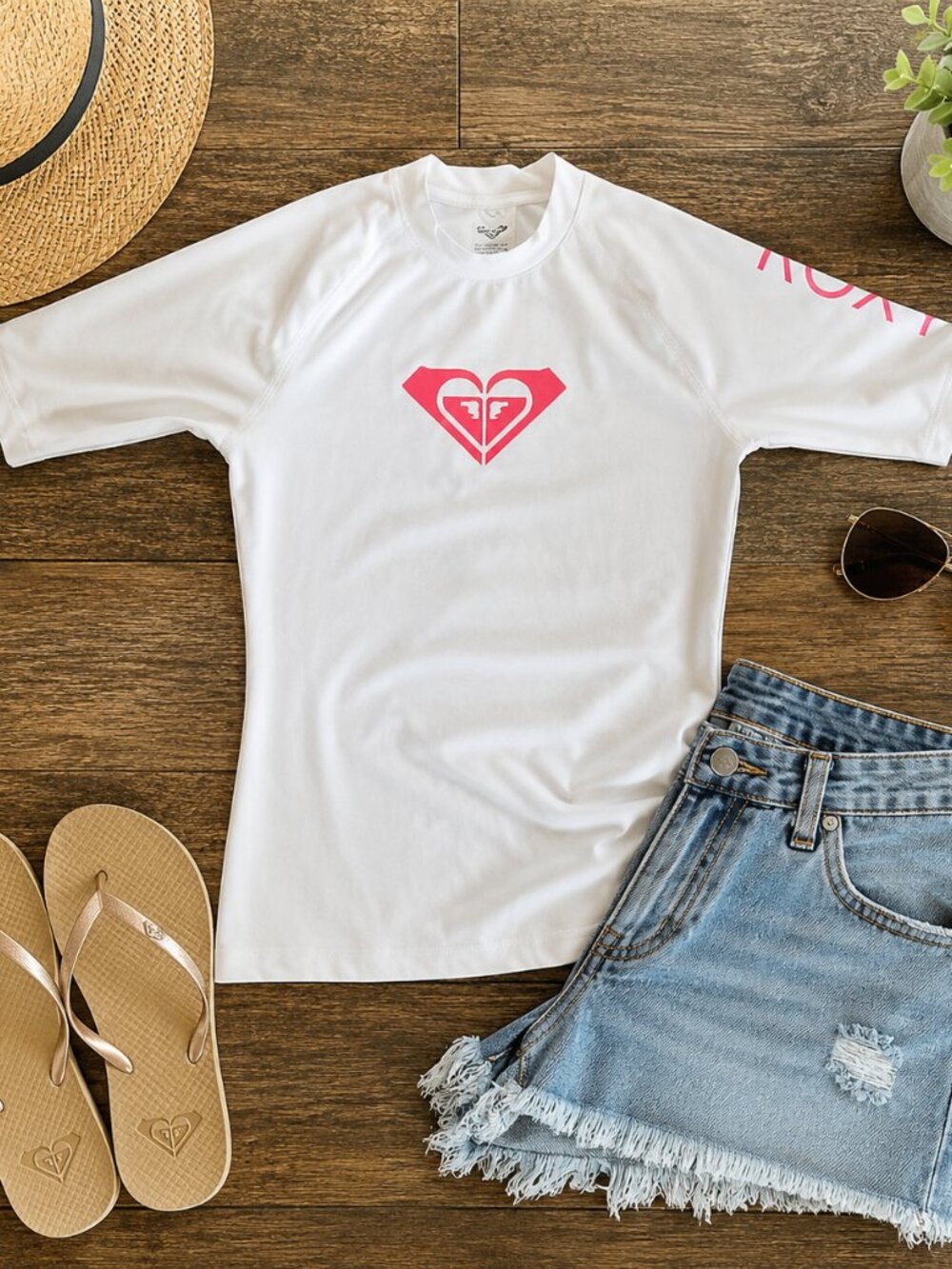 Roxy Whole Hearted Rashguard Small White Pink UPF 50+ Surf Swim Top
